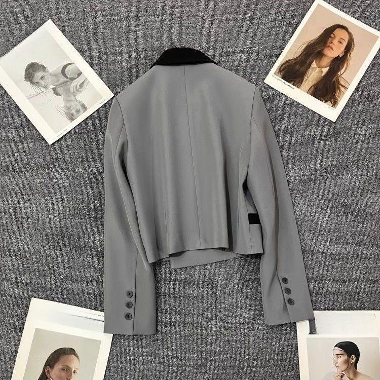Spring Autumn Fashion Short Gray Blazer for Women Slim Fit Casual Trendy Office Wear