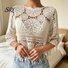 Top de ganchillo boho Cubre tops Ajuste holgado Cuello redondo Manga de tres cuartos Relajado Camisa de verano Tejido calado Playa Bohemio Dobladillo con borlas Ligero