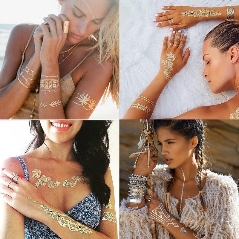 12 Bronzing Tattoo Stickers Set Beach Sexy Metallic Water Transfer Disposable Stickers