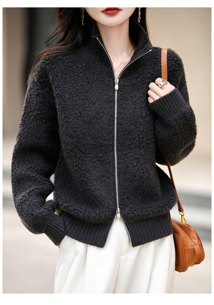 Women's Korean Chic Loop Yarn High Collar Wool Cardigan Sweater with Double Zipper