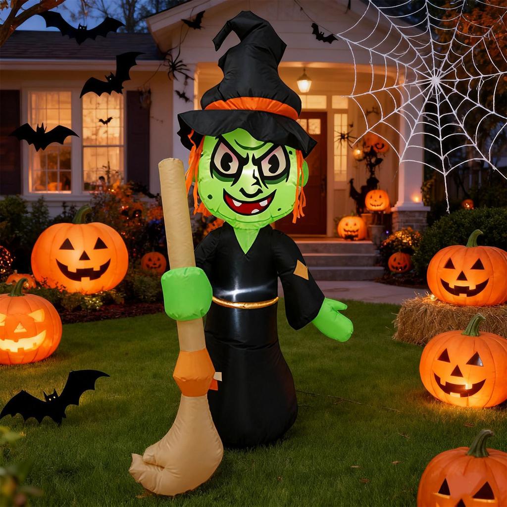 Halloween Inflatables 5.09ft Halloween Inflatable Witch Decorations Built-In LED Lights Blow Up Witch for Holiday House Party