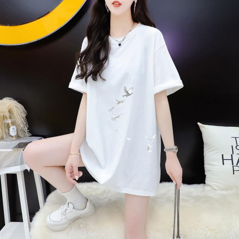 Summer New Women's Feeling Full of Stars Short-sleeved Loose Round Neck Medium-length T-shirt