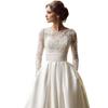 European & American 2026 New Style Round Neck Lace Long Sleeve Satin Wedding Dress, Slimming, Customizable Plus Size.