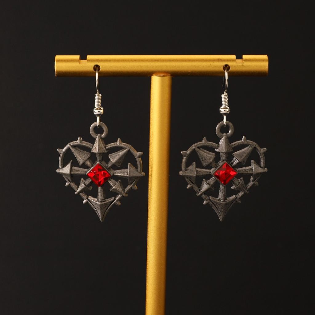 Dark Tone Gothic Heart Drop Earrings with Red Stone Accents for Women