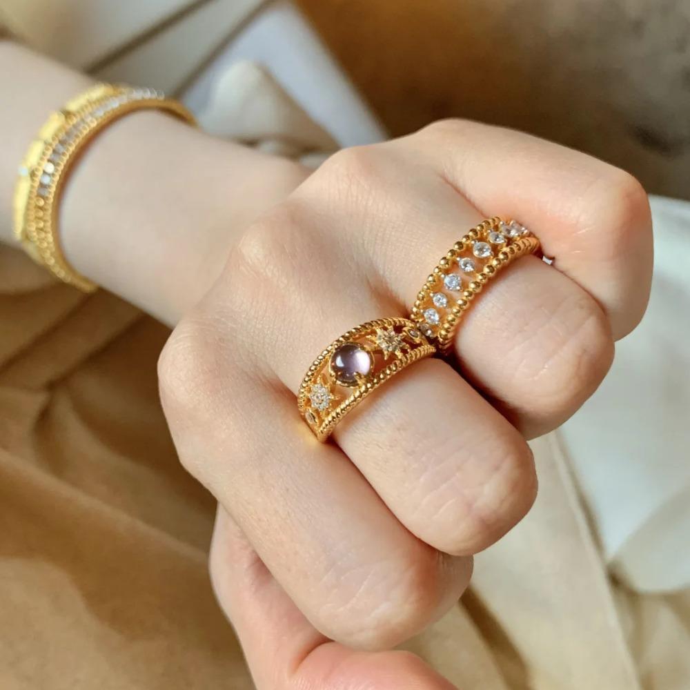 Luxury Open Ring Natural Amethyst Crystal French Vintage Design Elegant Adjustable Women Fashion Jewelry Gift