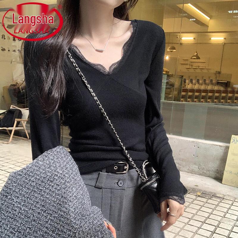 Langsha Women's V-Neck Lace Long-Sleeve Thermal Knit Top