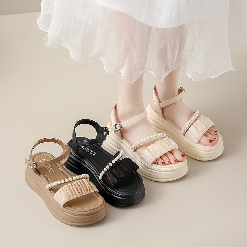 Thick Bottom Sandals Female Summer Fairy Pearl One Word Buckle Strap Beach Sandals Female Fashion Women Summer Shoes Breathable for Hot Weather