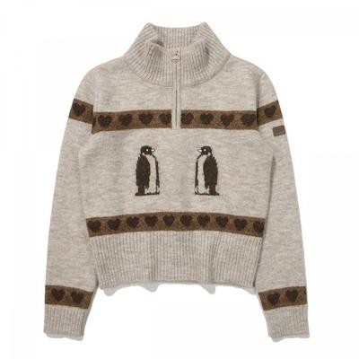 Heart Penguin Half Zip Sweater  Beige 