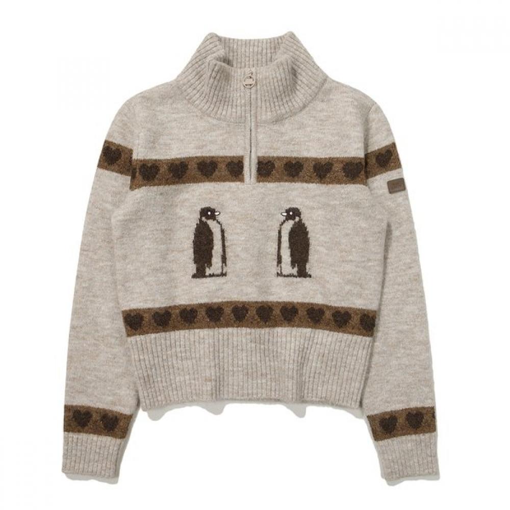 Heart Penguin Half Zip Sweater  Beige 085
