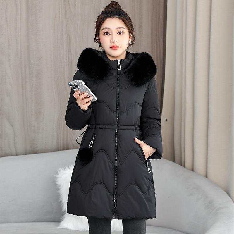 White Fur Collar Waist Padded Clothes Women's Winter New Medium and Long Hooded Padded Clothes Casual Padded Jacket