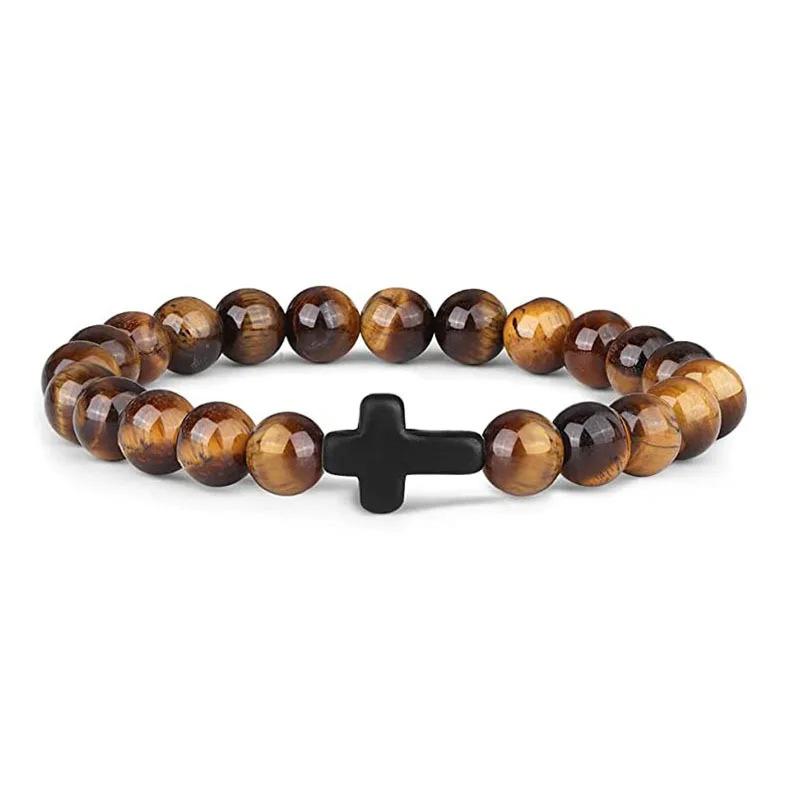 Prayer Men Natural Stone Wood Beads Rosary Hematite Cross Bracelets Onyx Meditation Bracelet Women Yoga Zircon Homme Pulsera