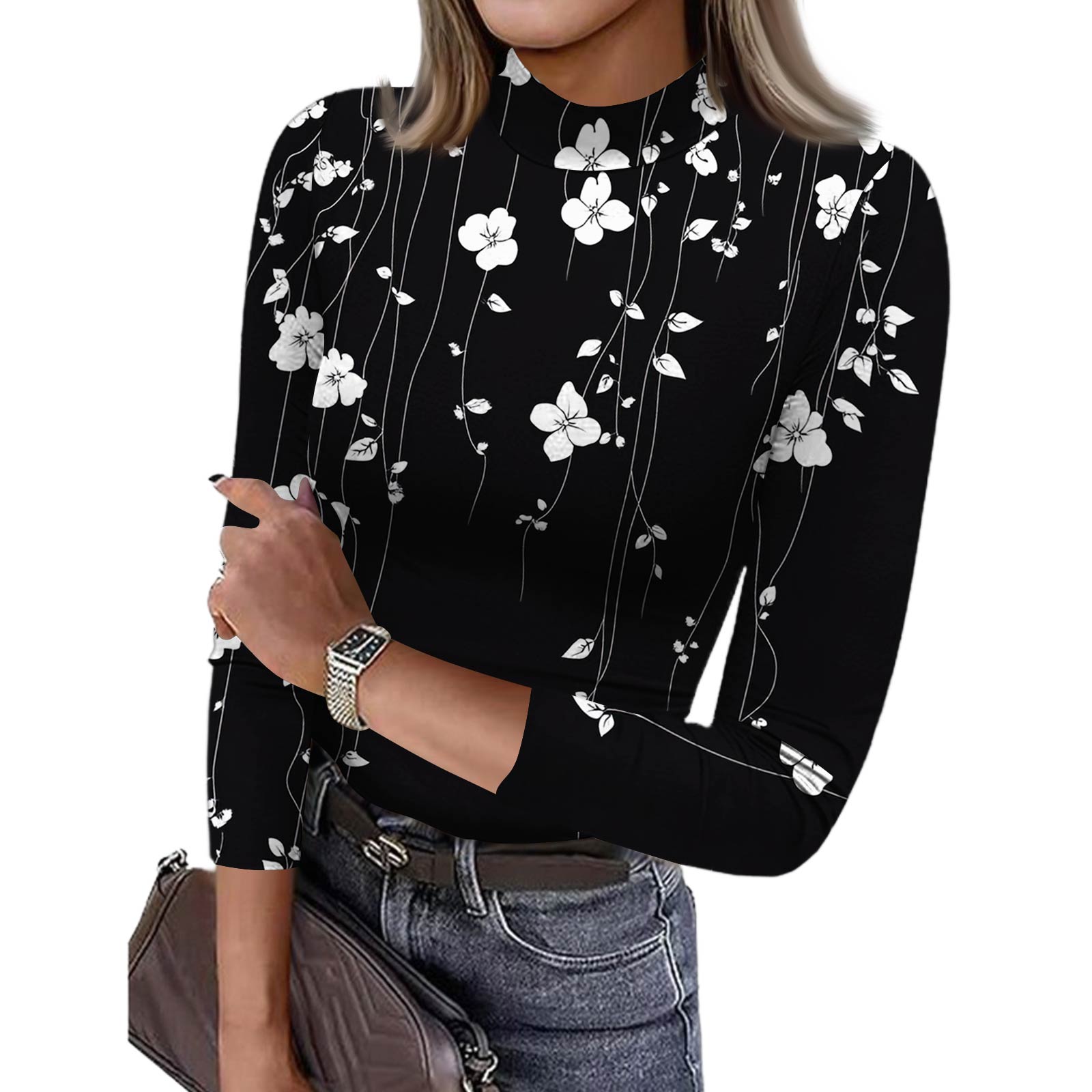 

Women s Slim Bottom T-shirt Fashion Casual Gradient Printing Round Neck Pullover 3/4 Sleeve Top XXL чорний