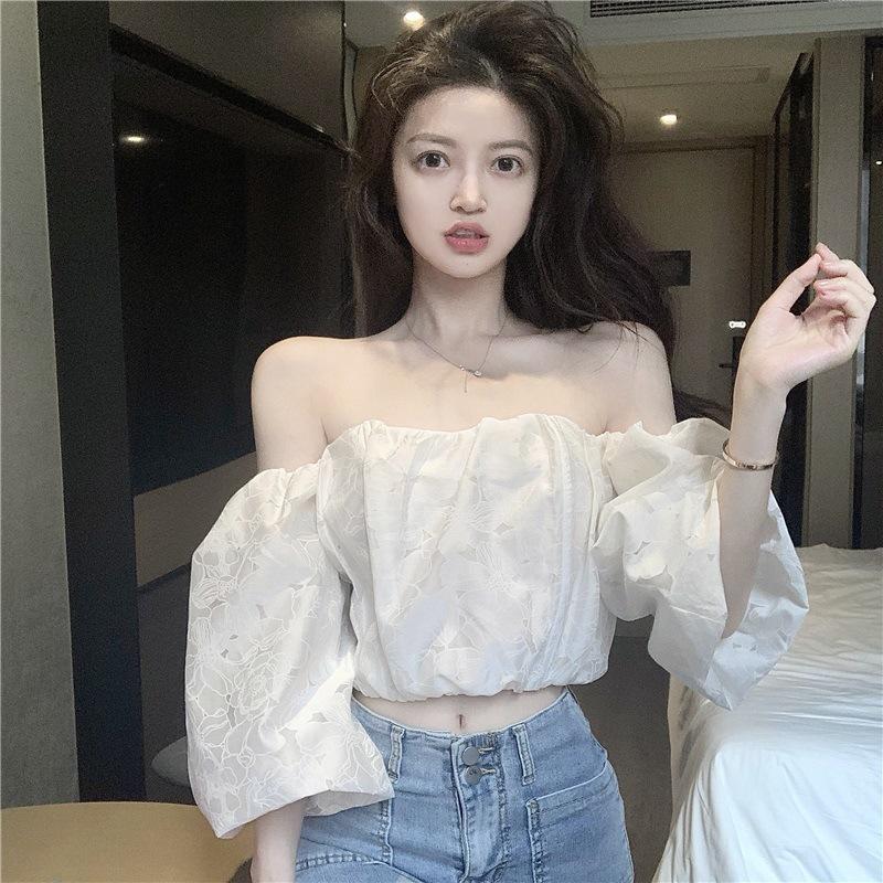 Summer new jacquard tube top one-word collar bubble sleeve off-shoulder sexy sweet hottie short top women