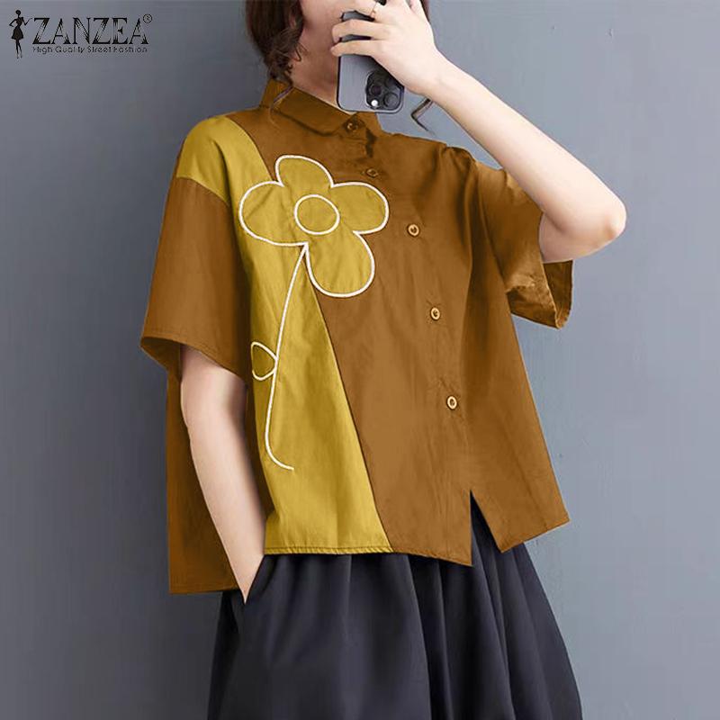 ZANZEA Women Fashion Shirt Collar Floral Print Short Sleeve Shirts