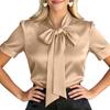 Women Satin Tie Short Sleeve Blouse Elegant Loose Fit Office Top Business Formal Shirt with Cuffed Sleeves for Work Casual Wear