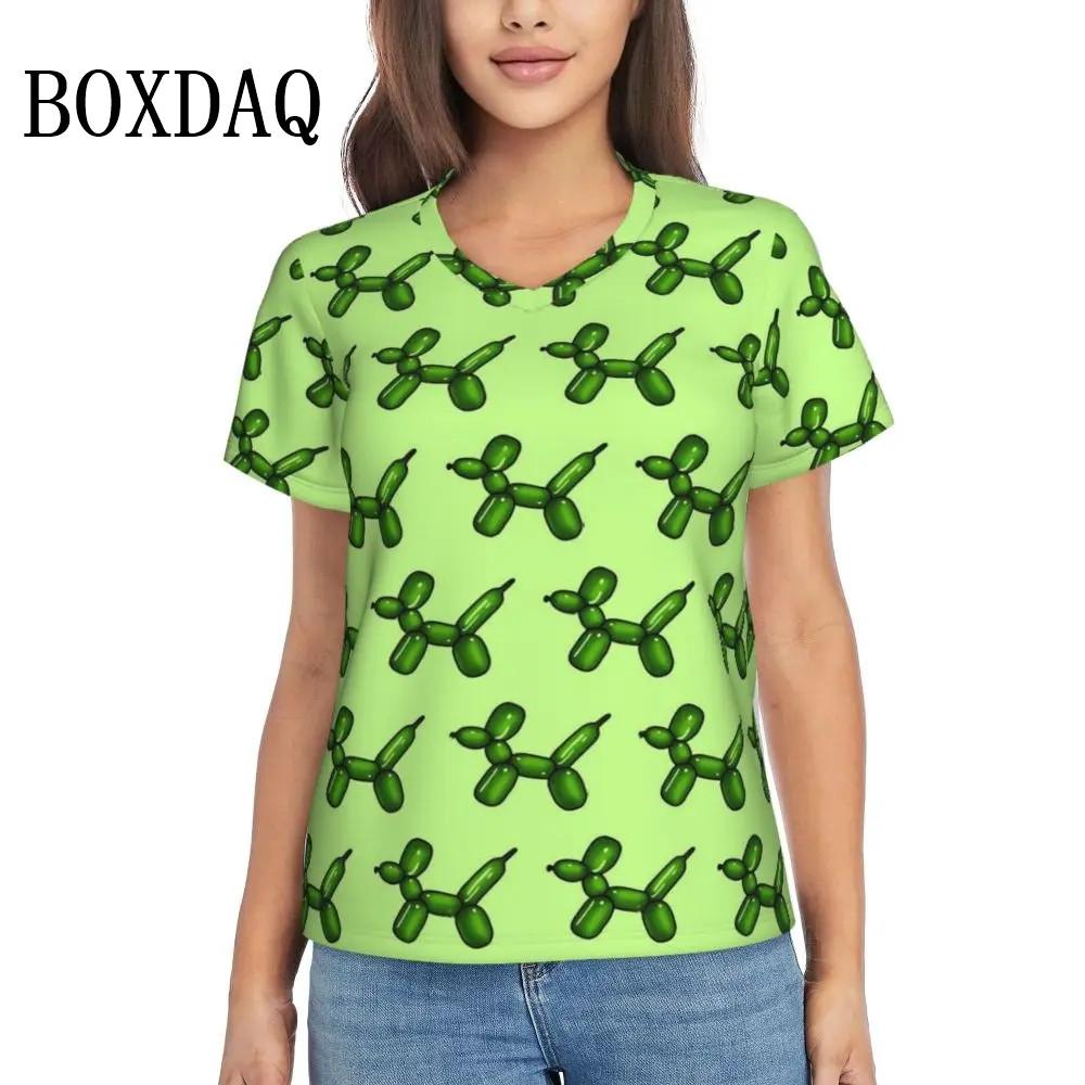 Rainbow Balloon Dogs Print T Shirt Female Summer V-Neck T Shirts Short Sleeve Street Fashion Shirt Women Cute Graphic Kawaii Top