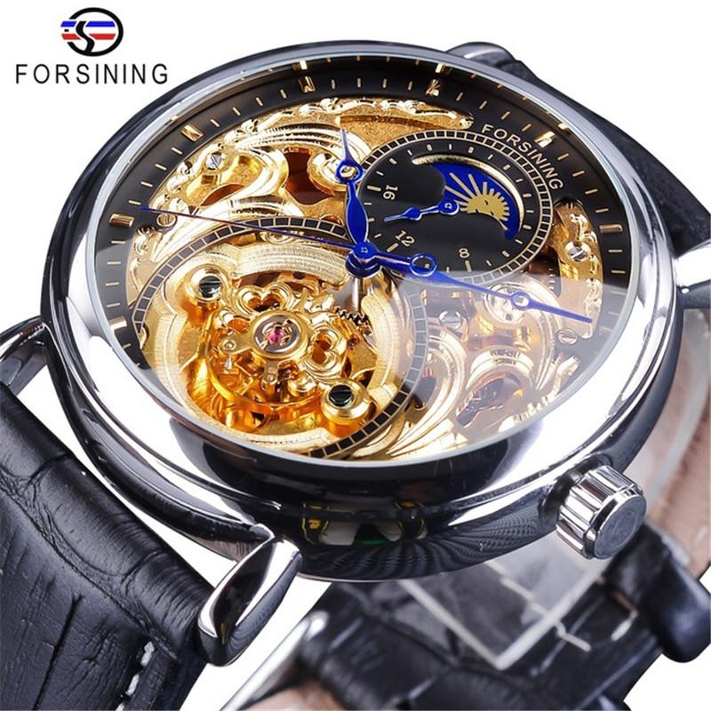 FORSINING Orologio Da Uomo Automatico Scheletrato Con Fasi Lunari - Orologio Meccanico A Carica Automatica, Cinturino In Vera Pelle Nera, Quadrante Lusso Con Tigre