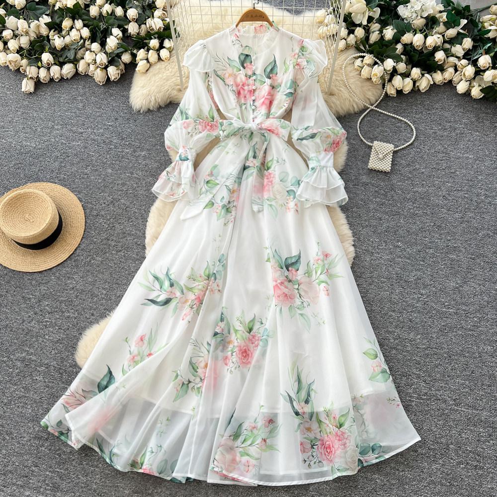 French romantic style print strap-on dress women's early spring long-sleeved V-neck lace-up waist A-word long dress elegant