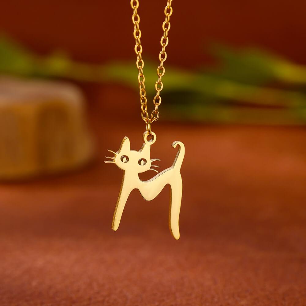 Stainless Steel Initial Letter Cat Pendant Necklace for Women Gold Color Animal Alphabet Necklaces Charm Fashion Jewelry Gifts