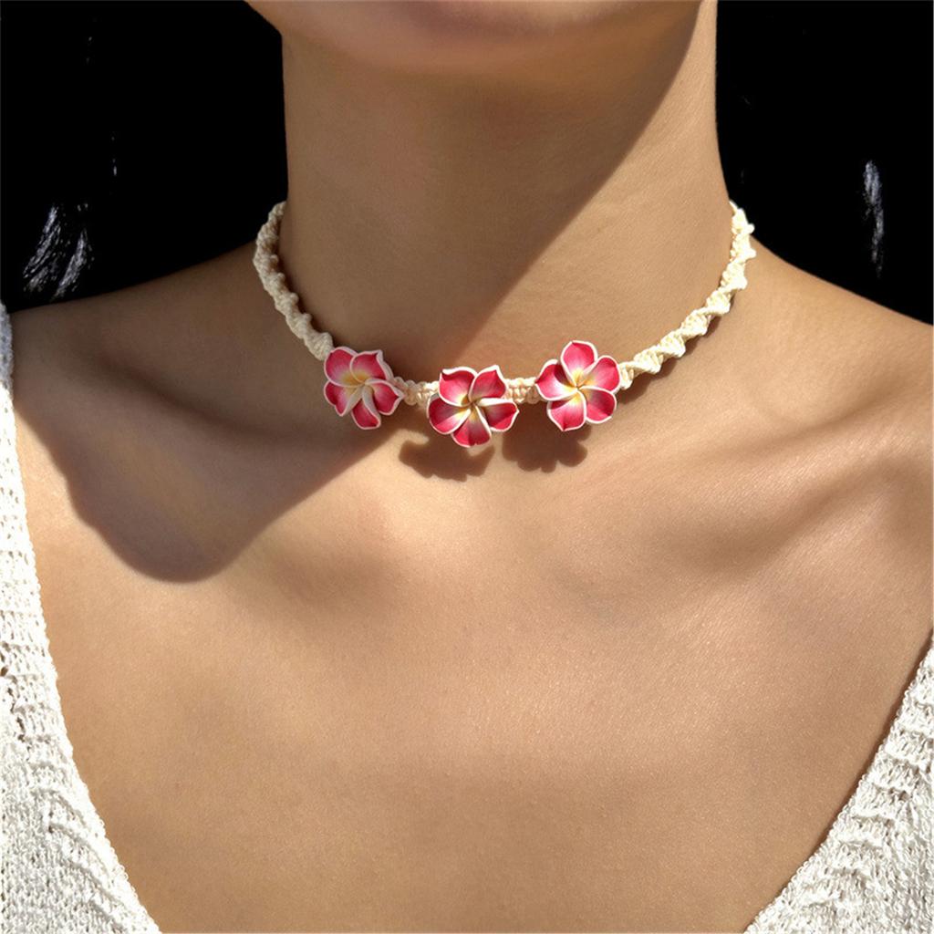 Handmade Braided Plumeria Necklace Soft Clay Flower Jewelry Tropical Styles Beach Party Fashion Jewelry Accessory