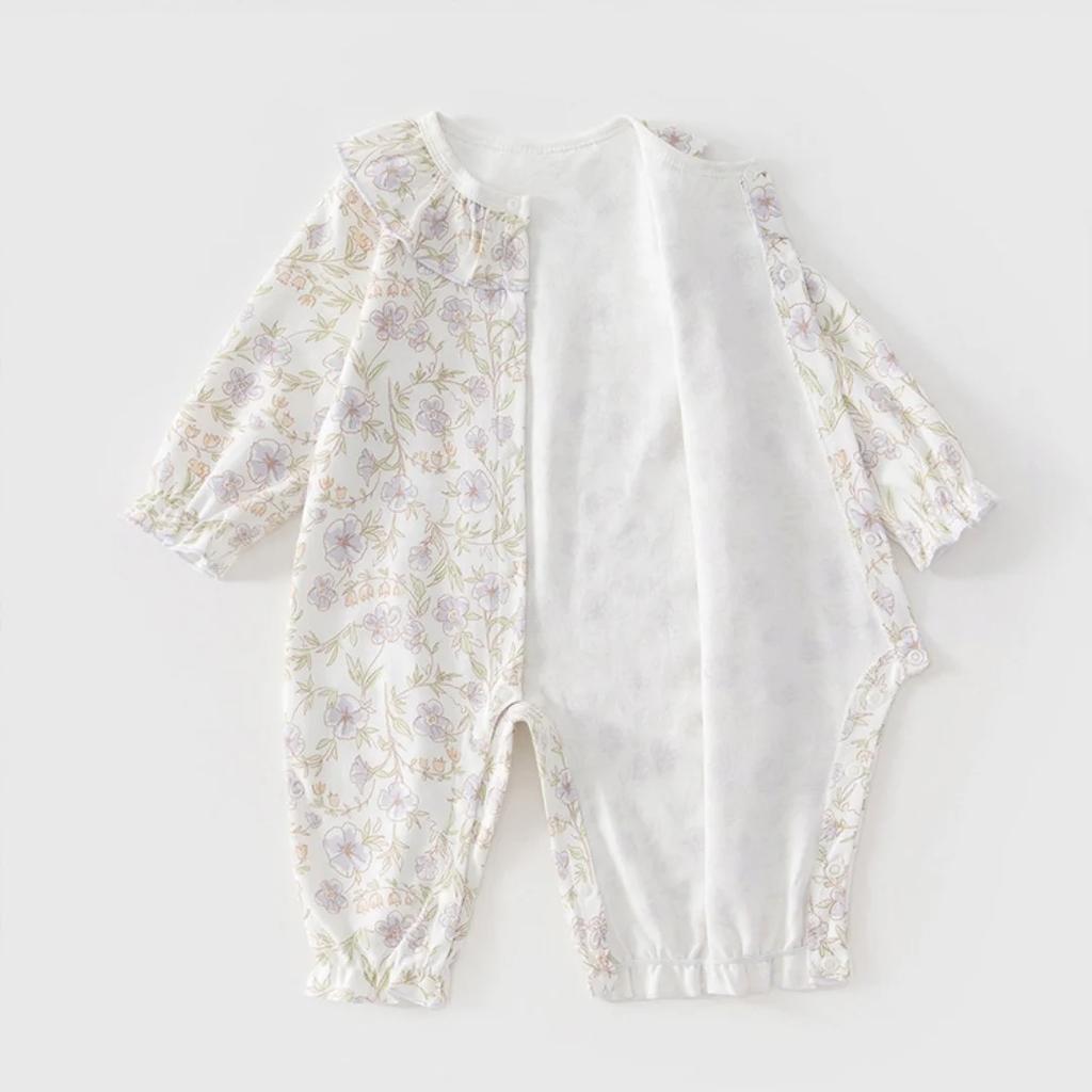 Frühlings-Schlafanzug Body 0-2J Neugeborene Säuglinge Mädchen Baumwolle Strampler Baby Langarm Rüschenkragen Blumenmuster Einteiler Overall