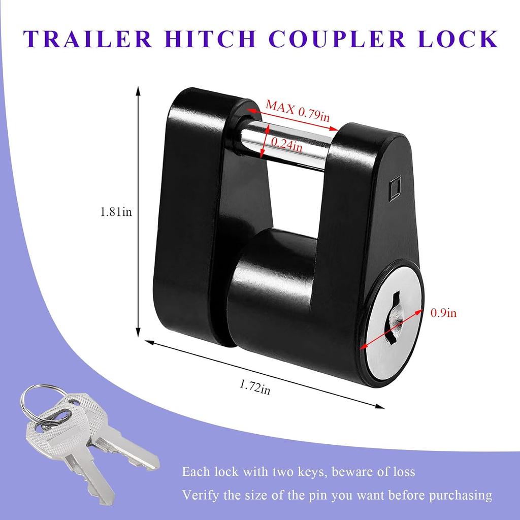 Sun Walker Trailer Tongue Coupler Lock, Dia 1/4 Inch 3/4 Inch Span Anti-Theft Trailer Tongue Lock with Keys, Heavy-Duty Hitch Coupler Locks for Tow