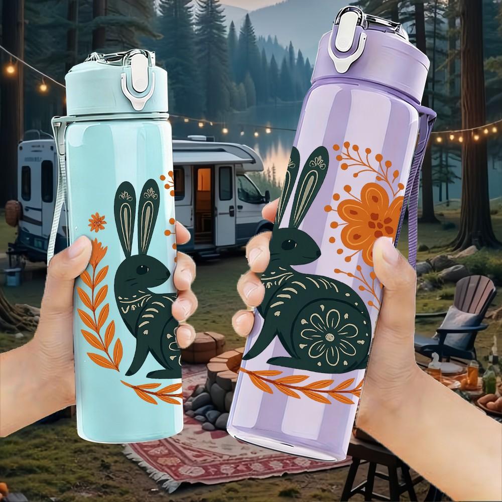1PC Easter Bunny Floral Wreath 750ml Color Plastic Sports Water Bottle Leakproof Flip Straw Lid Suitable for Sports Office Home Use