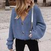 Winter Loose Solid Color V-neck Button Knit Cardigan Top For Women