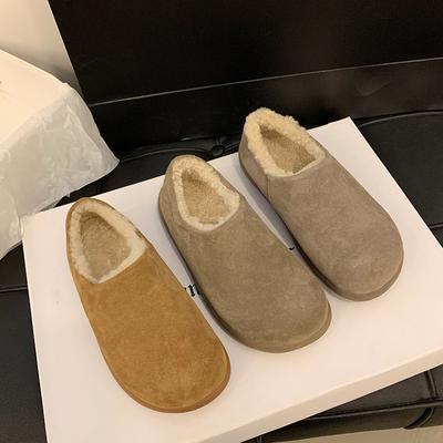 Chaussures d'extérieur rétro en coton pour femmes petites pommes de terre automne et hiver bout rond semelle plate tête de sac demi-pantoufles chaussures duveteuses chaudes et confortables