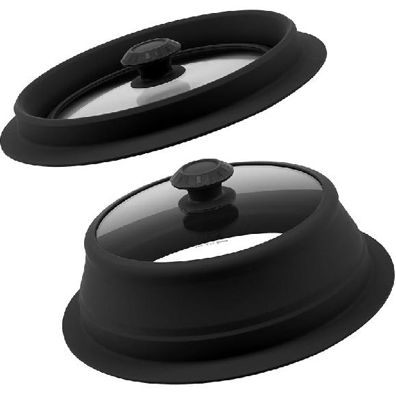 Vented Tempered Glass Lid Wok Lid for Stockpot Steamer Pot Pan, 10.5-11 inch Universal Multifunction Silicone Cover Collapsible Microwave Splatter