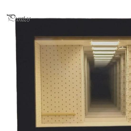 Double-layer Mirror Frame Wooden Backrooms Style Night Light, Infinite Effect Tabletop Lamp, Matte Black Solid Wood Photo Box Dustproof Ambient Light