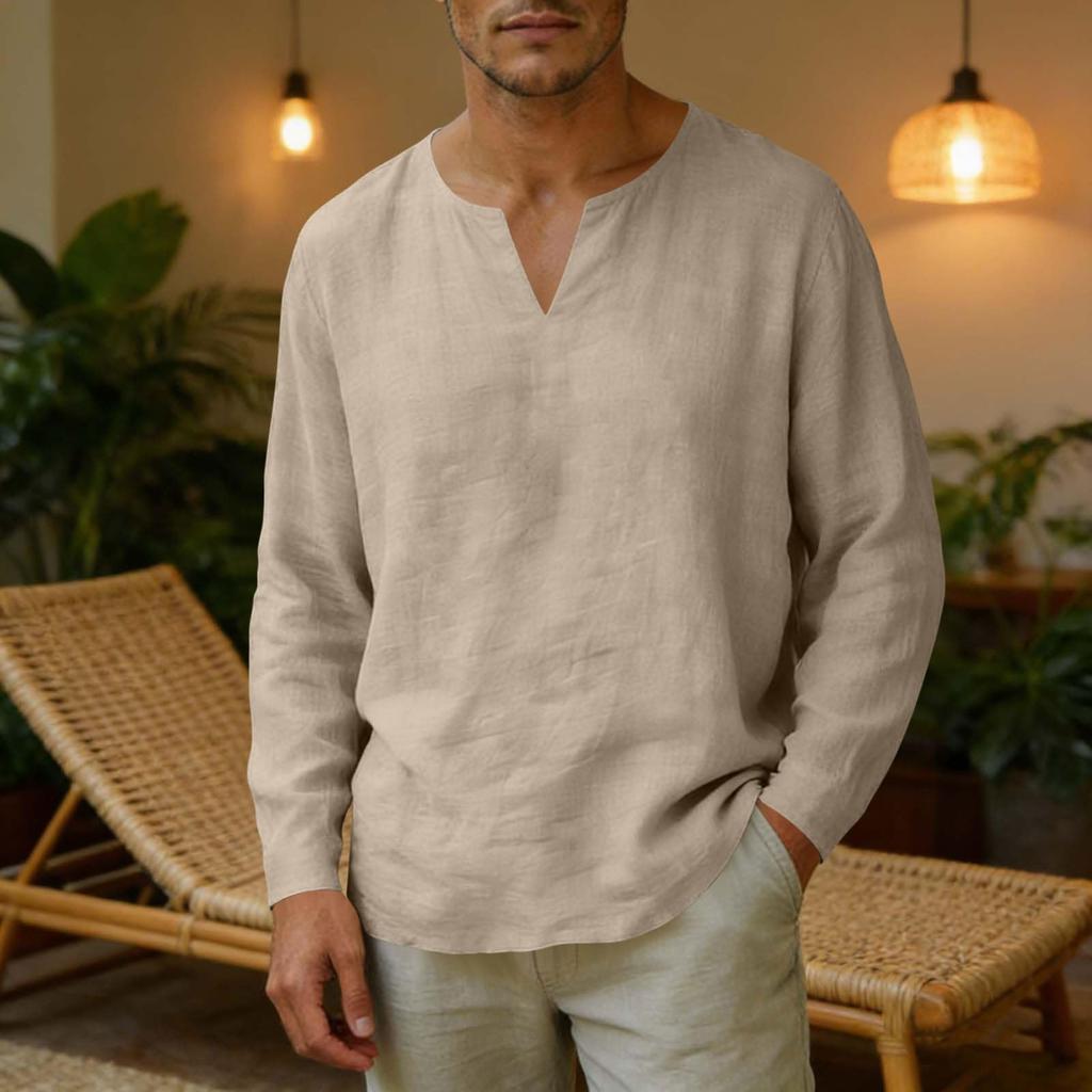 Men's Linen V-Neck T-Shirt Loose Fit Casual Summer Top