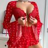 European & American Sexy Red Heart Lingerie Set: Sheer Bra, Short Skirt & Thong