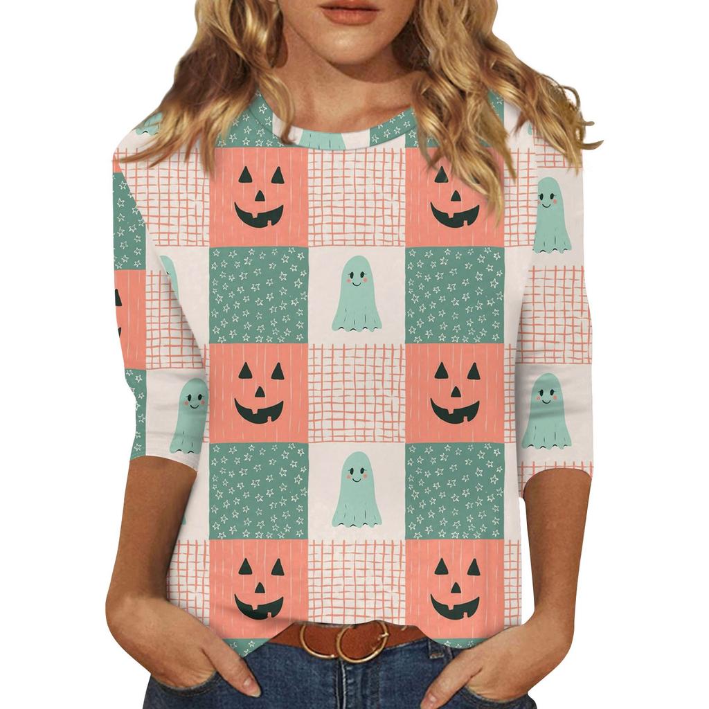 Women's Fashion Casual Three-quarter Sleeve Halloween Printed Round Neck Top
