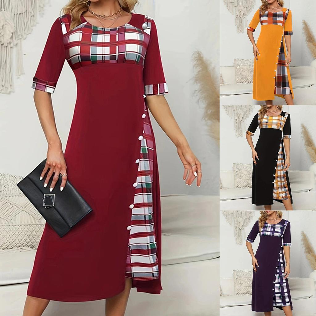 Women's Summer Round Neck Half Sleeve Irregular Printed Casual Long Skirt