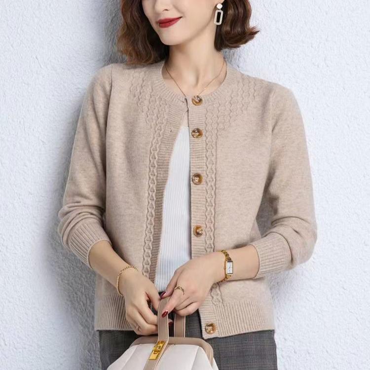 Stilig cardigan for kvinner høstklær elegant genserjakke løs rund hals strikket cardigan