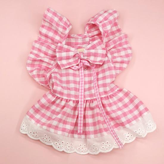 Yousheng 1 Set Pet Princess Dress Lace Patchwork Eye-catching Comfortable Soft Square Collar Dress Up Ruffle Sleeves Plaid Print Puppy Dog Skirt Pet