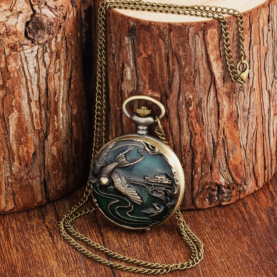 Bronzene Taschenuhr mit Kranich-/Elch-/Elefanten-Tierquarz, rundes Zifferblatt, Taschenhalskette, Anhänger, Pulloverkette, Taschenuhr für Männer und Frauen