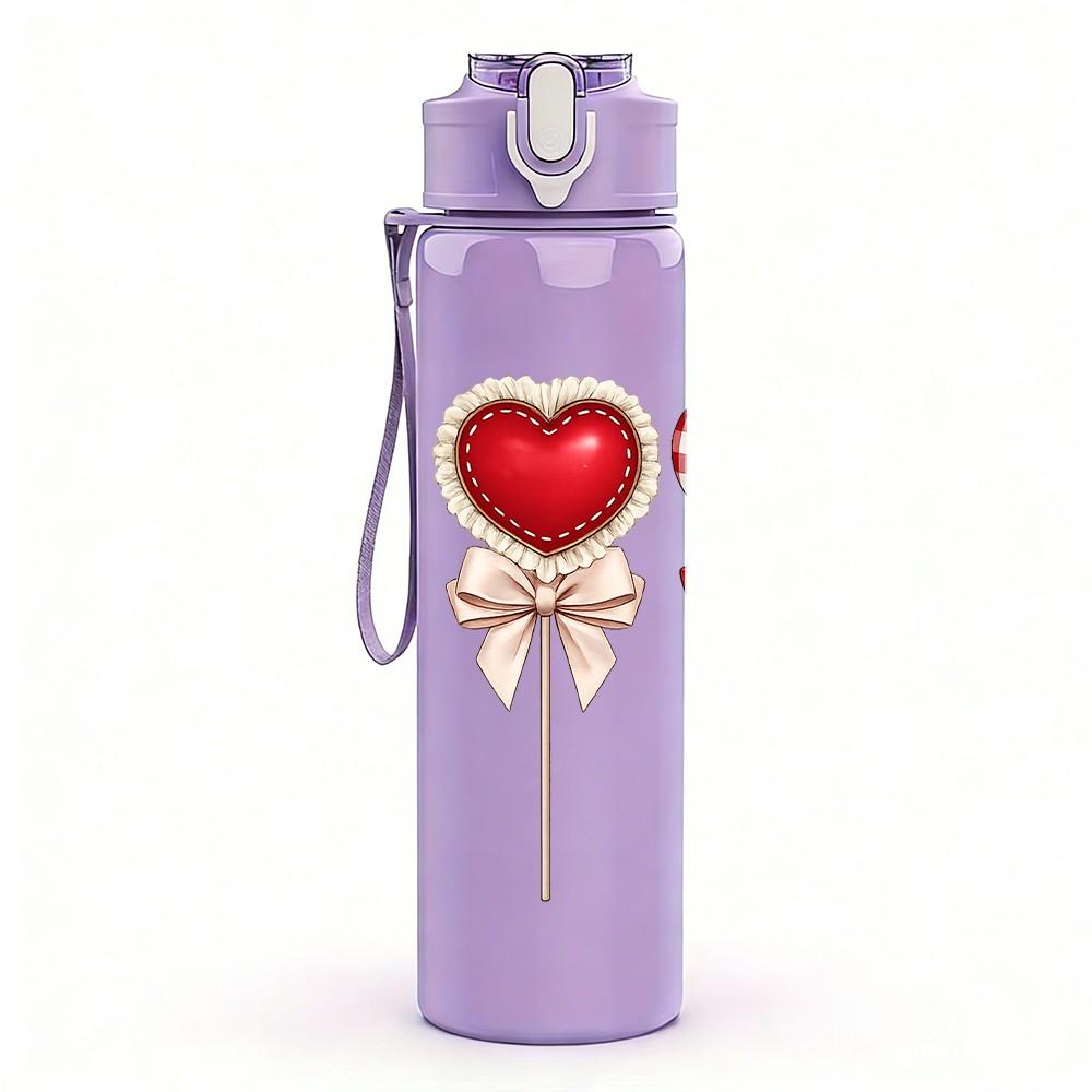 1PC Plaid Ribbon Heart Ornament Print 750ml Color Plastic Sports Water Bottle Leakproof Flip Straw Lid Suitable for Sports Office Home Use