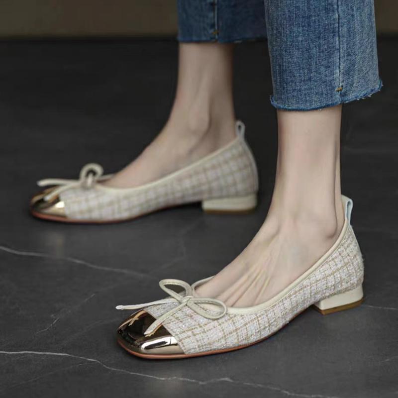 Fashion 2025 New Women's Pumps Fashion Low Heel Ballet Shoes Comfort Square Toe Shallow Lady Shoes Concise Metal Decorate Bowknot Flats