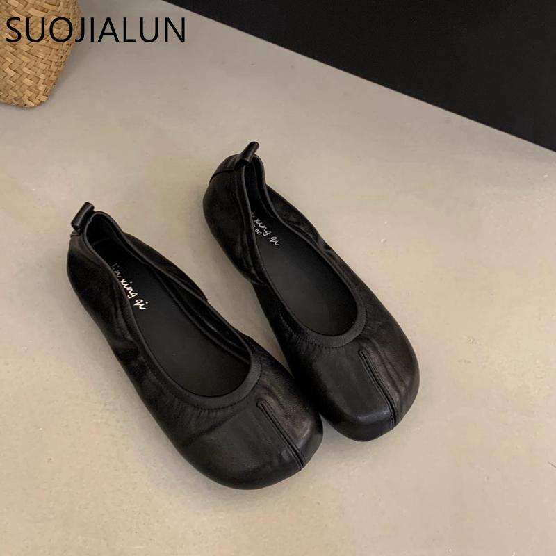 Fashion SUOJIALUN 2025 Autumn New Women Flat Shoes Fashion Round Toe Shallow Slip On Ladies Casual Single Shoes Soft Flat Heel Ballerina