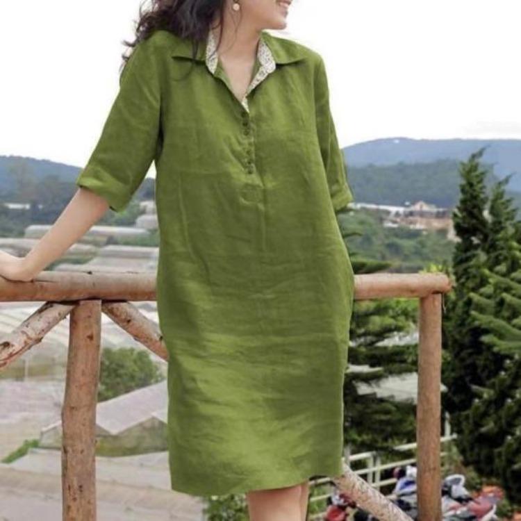 Summer Casual Soft A-line Midi Dress Women Lapel Knee Length Loose Three Quarter Sleeves Solid Color Spring Summer Dress