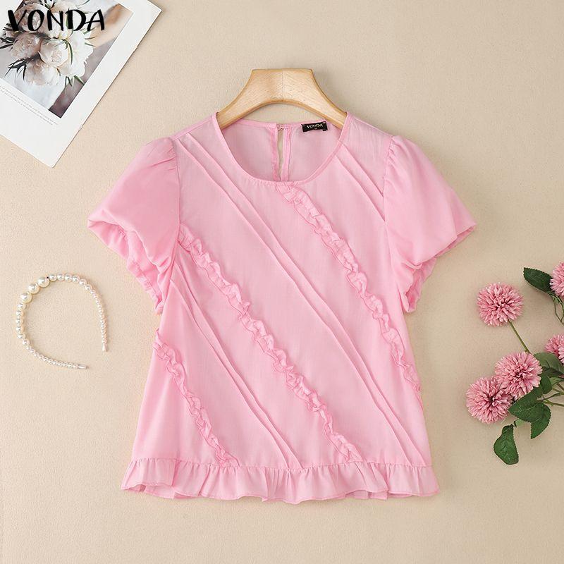 

VONDA Women Round Neck Puff Sleeve Ruffled Solid Color Casual Blouse Tops M розовый