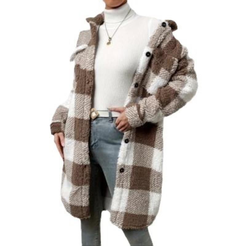 Jesienno-zimowy płaszcz pluszowy w kratę z klapami zapinany na guziki, luźny, temperamentny, do pracy, długi płaszcz dla kobiet