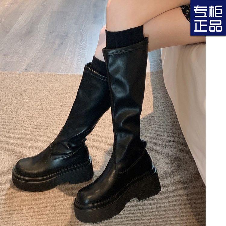 Dámské nové dlouhé boty Podzimní platforma Maillard vysoké boty Černé střední boty