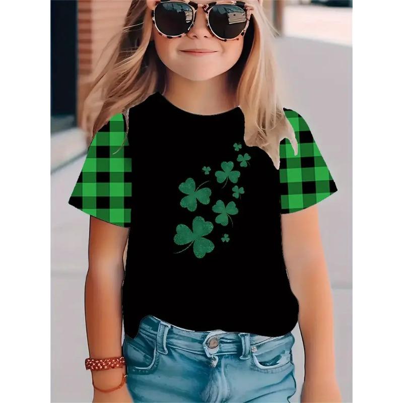 Fashionable Simple Fresh Four Leaf Clover Pattern Girls' Round Neck Pullover Short Sleeved Shirt