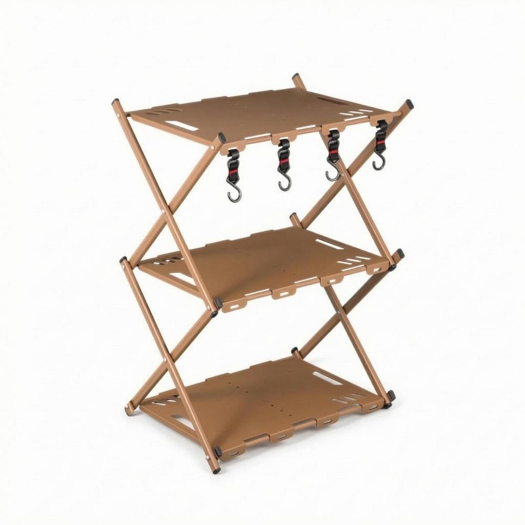 Foldable 3-Tier Rack Crossed Side Supports Storage Shelf Hanging Hooks