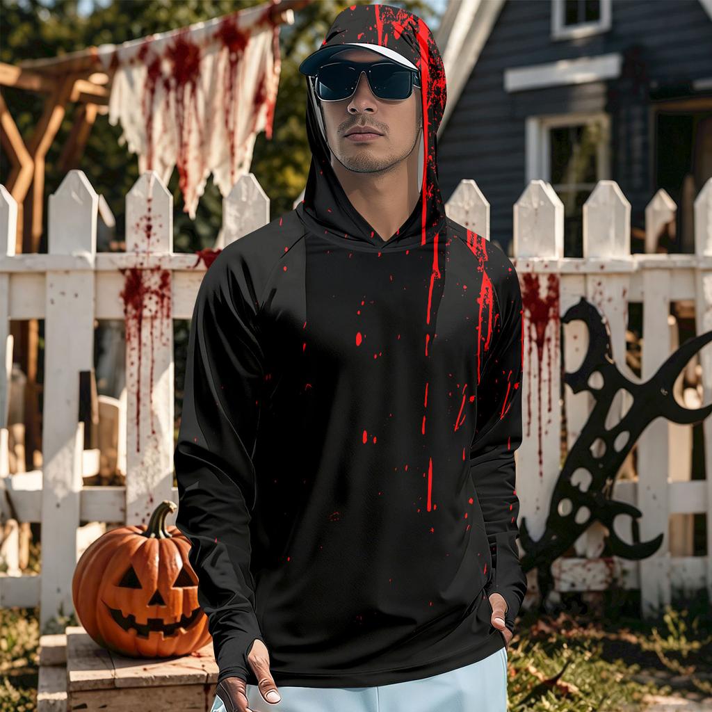 Men's Long Sleeve Hooded T-Shirt Quick Dry Sun Halloween Print for Fishing Gym Outdoor