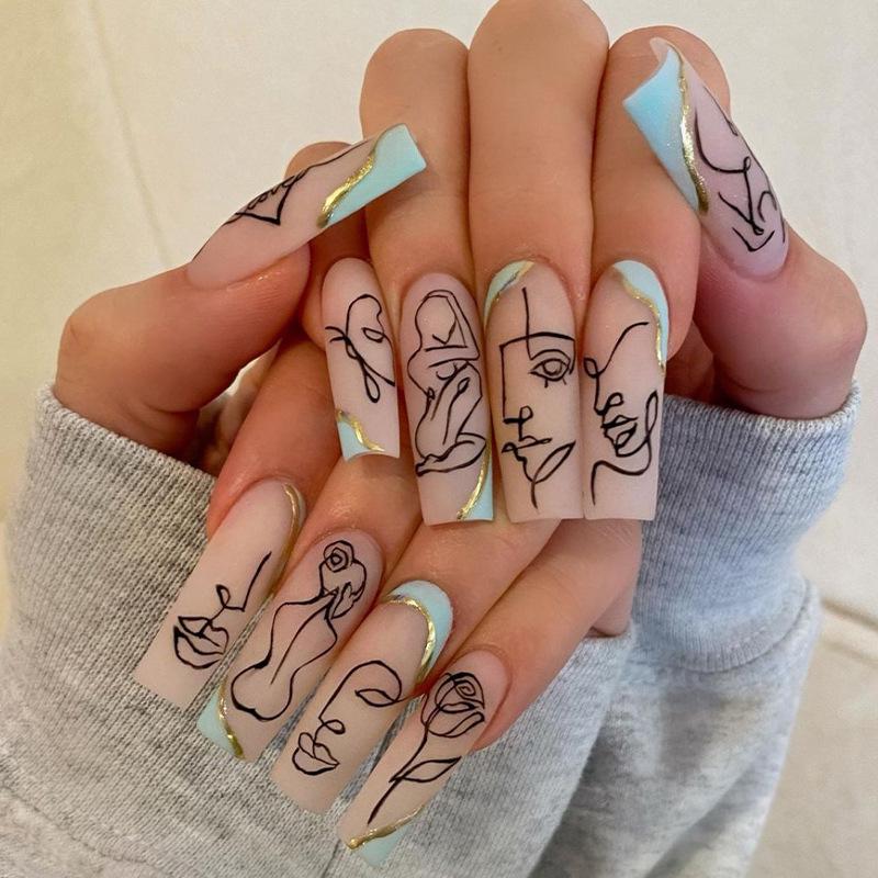 Blue Abstract Woman Long T-shirt with Wearable False Nail Art Stickers