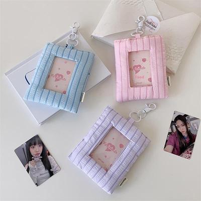 Dopamine Cute Padded Stripe Love Card Holder Photocard Holder Idol Photo Display Storage Protect Cover Keyring Pendant Bag Charm